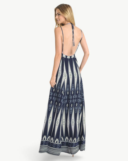 MATHILDE – Sukienka maxi z dekoltem w serek, odkryty plecy i wzór | Lekka i letnia