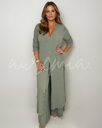 SÉVERINE – Elegancki zestaw 2-częściowy z długą tuniką w serek i spodniami | Przewiewny i wyrafinowany