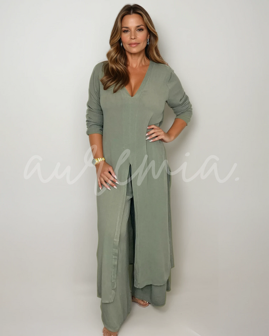 SÉVERINE – Elegancki zestaw 2-częściowy z długą tuniką w serek i spodniami | Przewiewny i wyrafinowany