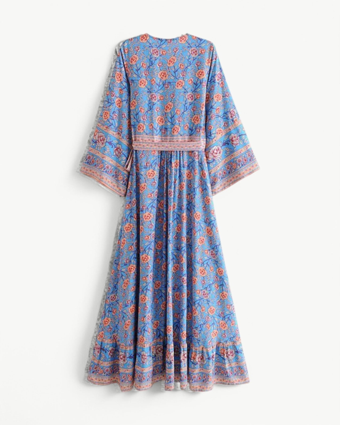 SÉRENE – Długa sukienka z dekoltem w serek i kwiatowym wzorem – Model kopertowy z paskiem w talii