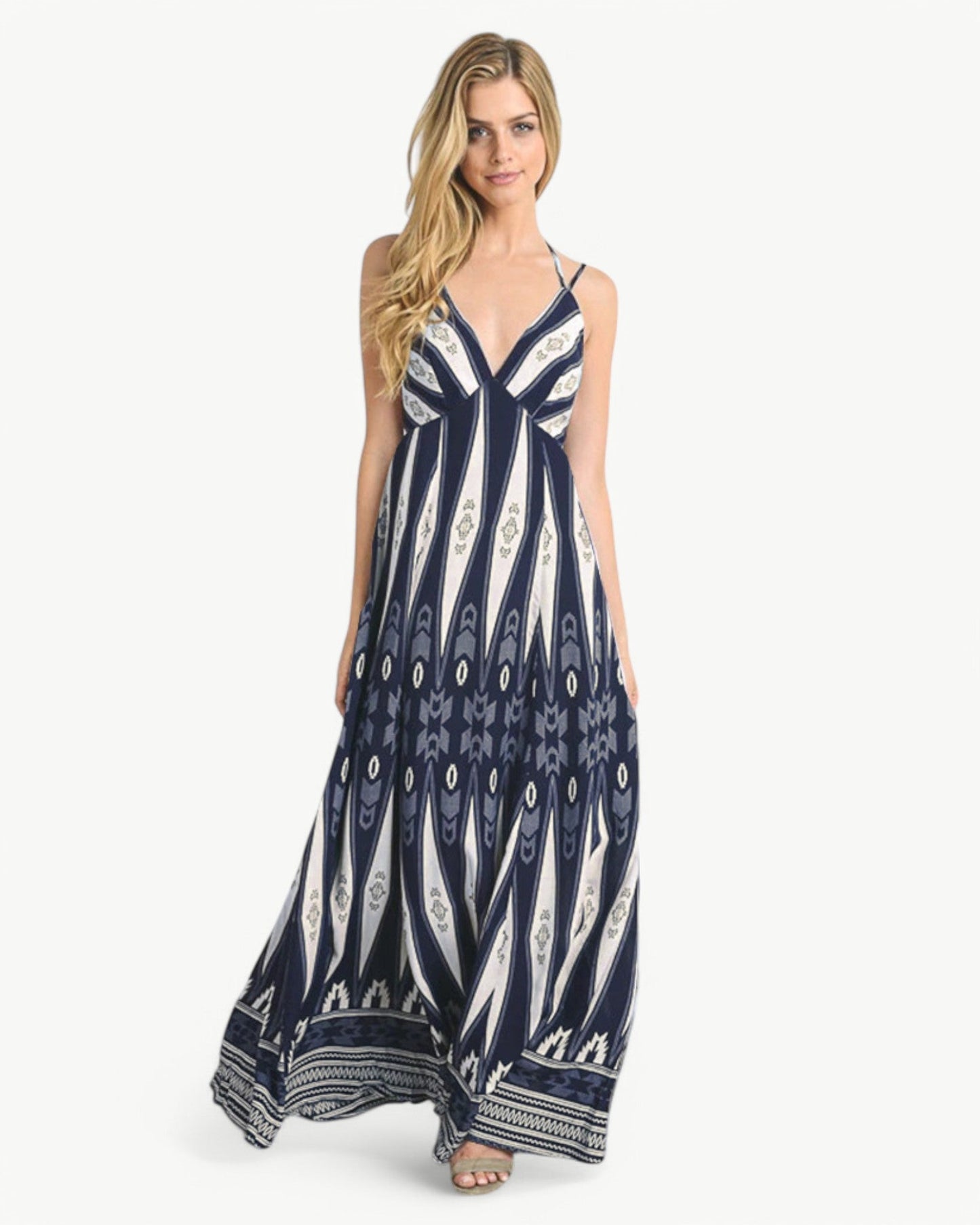 MATHILDE – Sukienka maxi z dekoltem w serek, odkryty plecy i wzór | Lekka i letnia