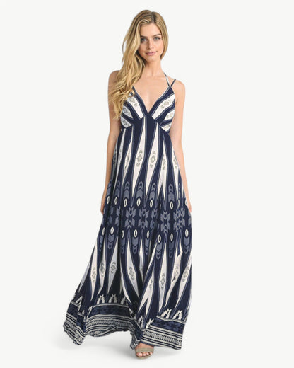 MATHILDE – Sukienka maxi z dekoltem w serek, odkryty plecy i wzór | Lekka i letnia