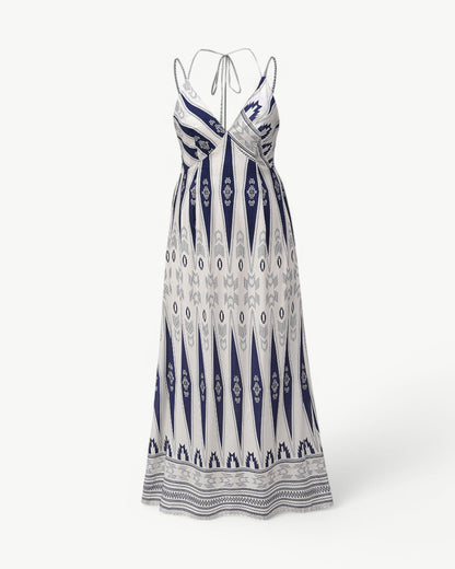 MATHILDE – Sukienka maxi z dekoltem w serek, odkryty plecy i wzór | Lekka i letnia