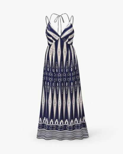 MATHILDE – Sukienka maxi z dekoltem w serek, odkryty plecy i wzór | Lekka i letnia