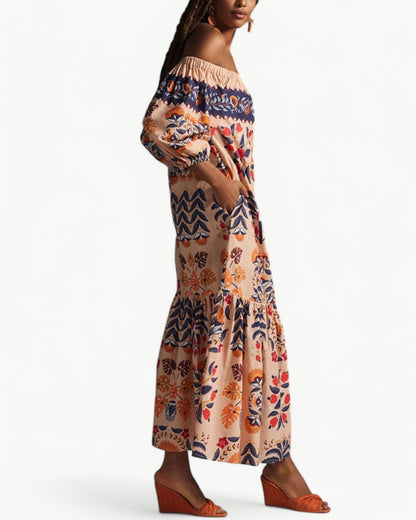 ZÉLIE – Długa sukienka off shoulder z kieszeniami | Kwiatowa i letnia