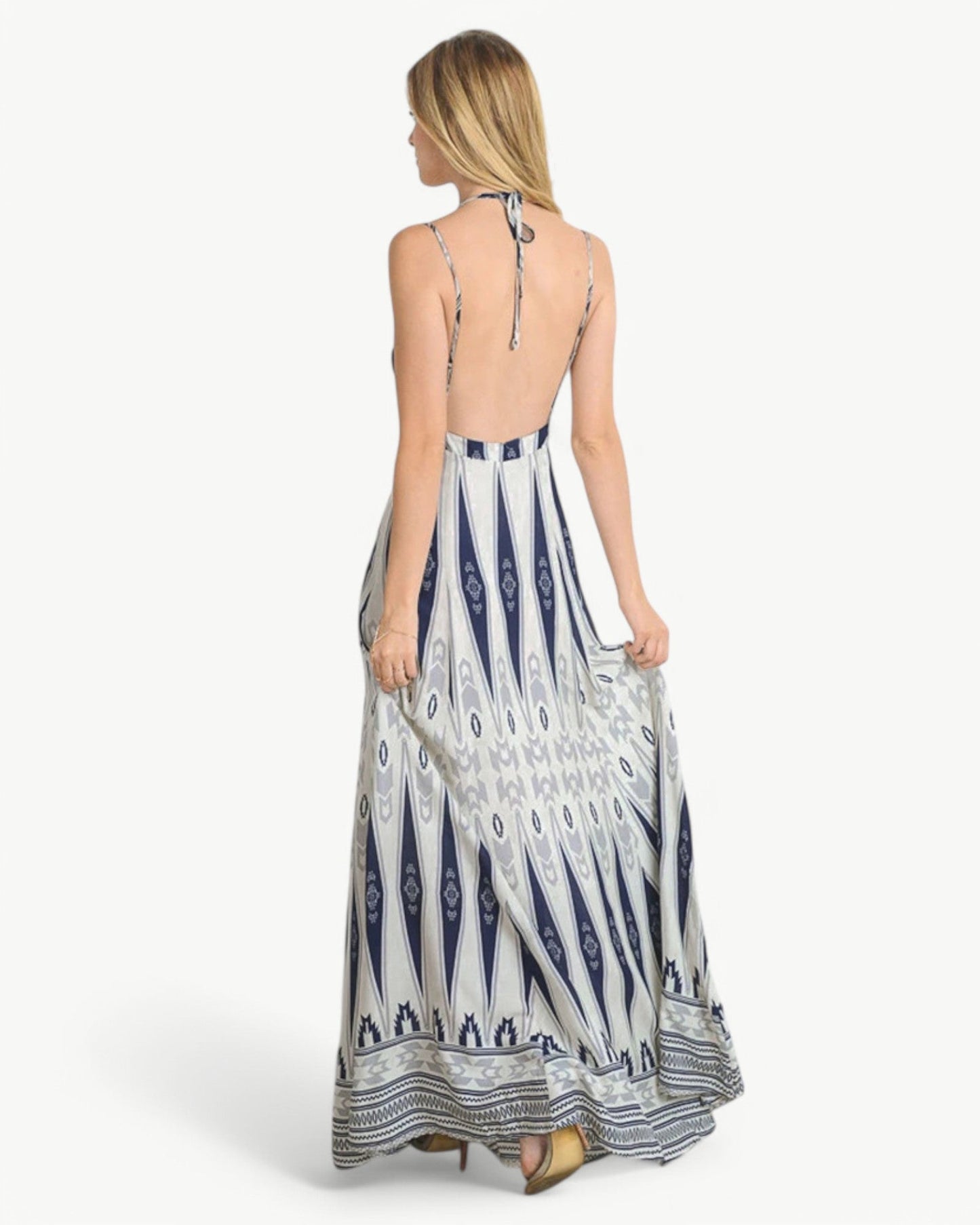 MATHILDE – Sukienka maxi z dekoltem w serek, odkryty plecy i wzór | Lekka i letnia