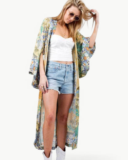 FLEUR – Długi kimono w kwiatowy wzór, z kieszeniami i paskiem w talii