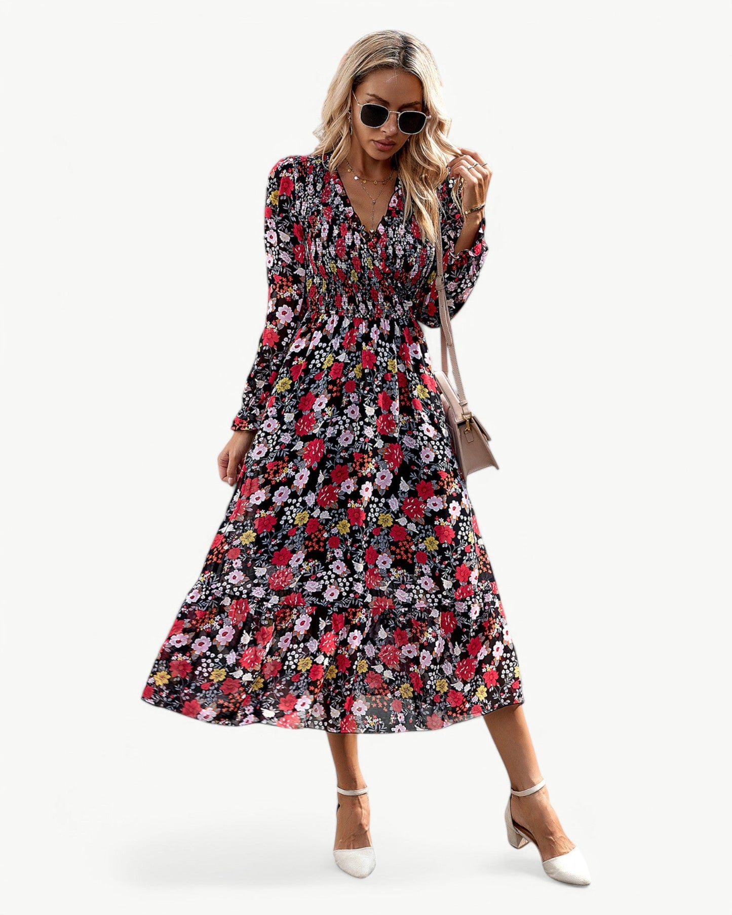 LÉONTINE – Kwiatowa sukienka midi z długim rękawem | Romantyczna i przewiewna