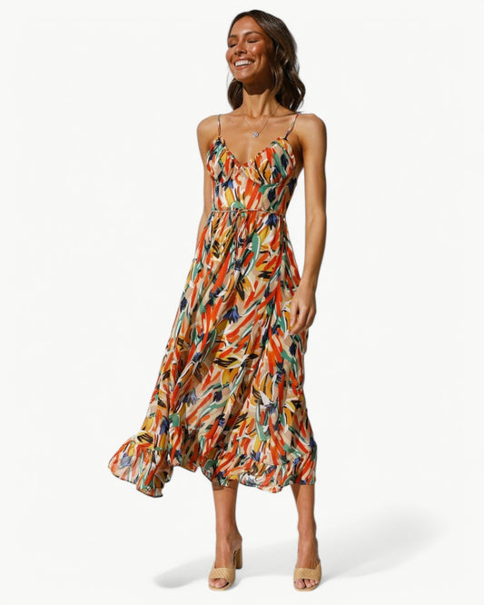 SIENNA – Sukienka midi w wzory z wąskimi ramiączkami – Kobieca i letnia