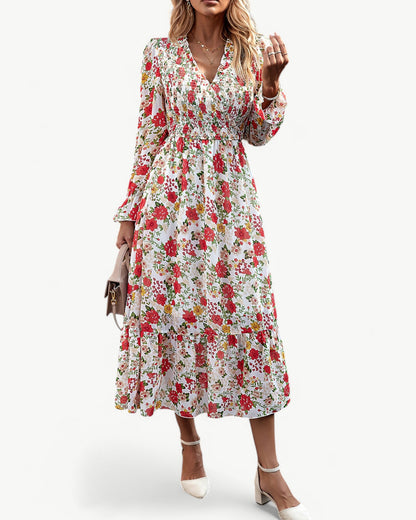 LÉONTINE – Kwiatowa sukienka midi z długim rękawem | Romantyczna i przewiewna