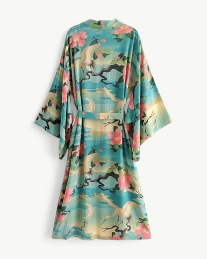 MARGAUX – Midi-długość kimono z żurawiami | Lekki i stylowy