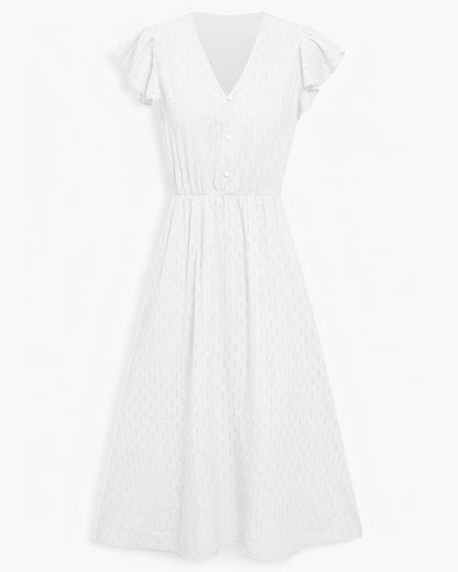 LARA – Sukienka midi z dekoltem w kształcie litery V i falbanami – Lekka i elegancka ulubienica