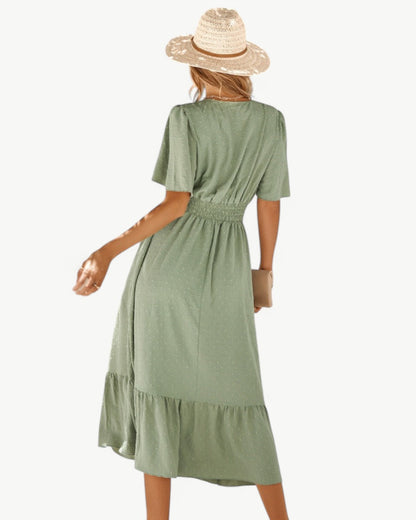 RENÉE – Sukienka maxi z dekoltem w serek i krótkim rękawem – Lekka i stylowa