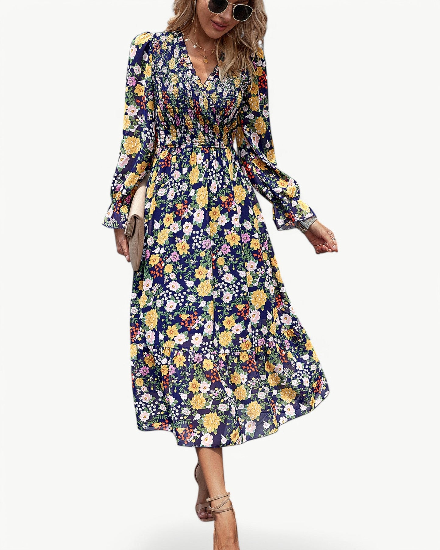 LÉONTINE – Kwiatowa sukienka midi z długim rękawem | Romantyczna i przewiewna