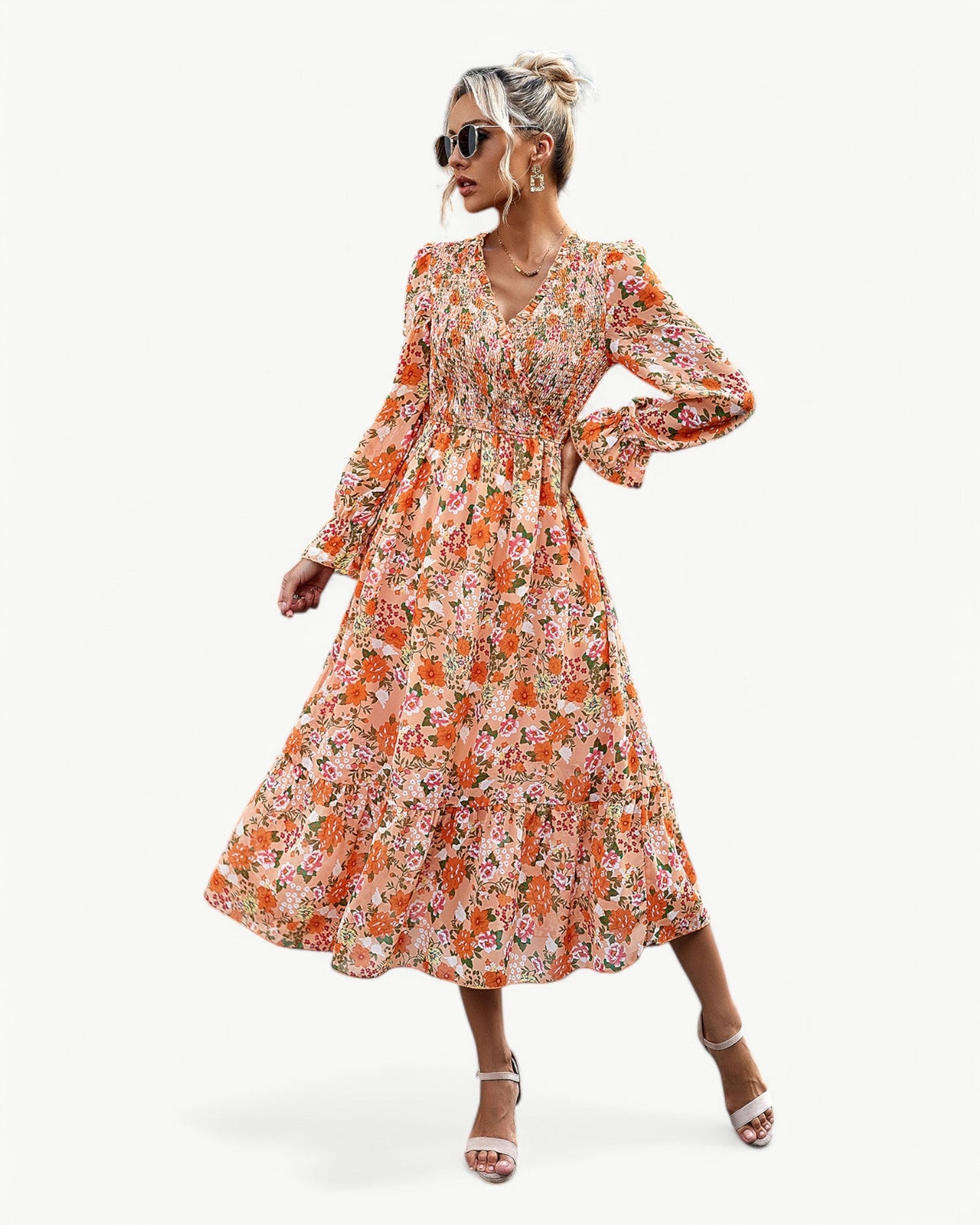 LÉONTINE – Kwiatowa sukienka midi z długim rękawem | Romantyczna i przewiewna