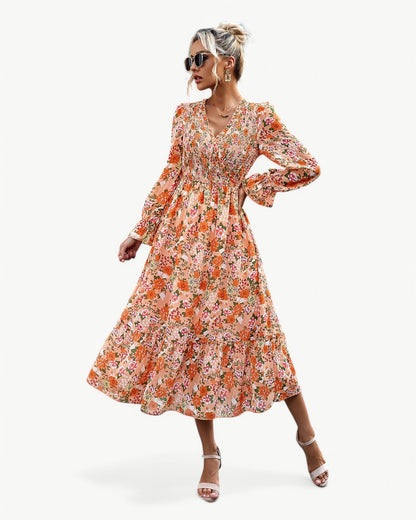 LÉONTINE – Kwiatowa sukienka midi z długim rękawem | Romantyczna i przewiewna