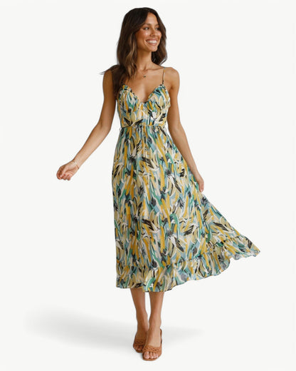 SIENNA – Sukienka midi w wzory z wąskimi ramiączkami – Kobieca i letnia