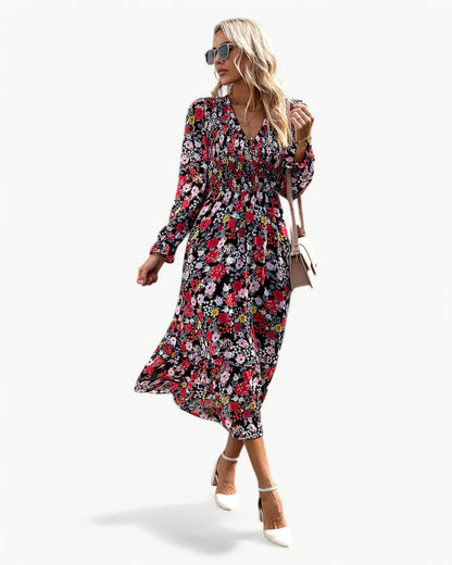 LÉONTINE – Kwiatowa sukienka midi z długim rękawem | Romantyczna i przewiewna