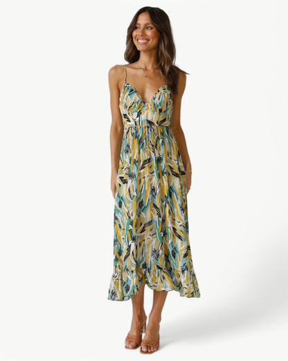 SIENNA – Sukienka midi w wzory z wąskimi ramiączkami – Kobieca i letnia