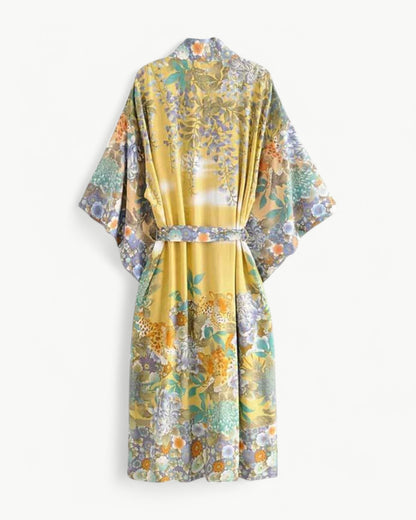 FLEUR – Długi kimono w kwiatowy wzór, z kieszeniami i paskiem w talii