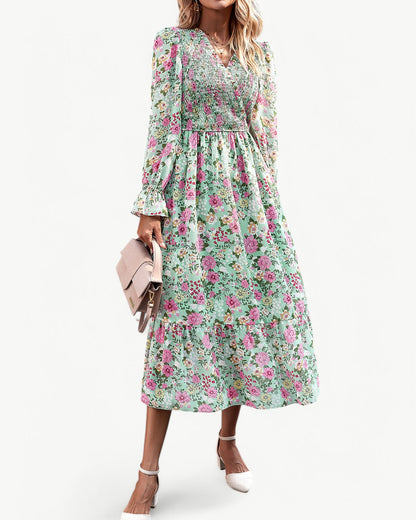 LÉONTINE – Kwiatowa sukienka midi z długim rękawem | Romantyczna i przewiewna