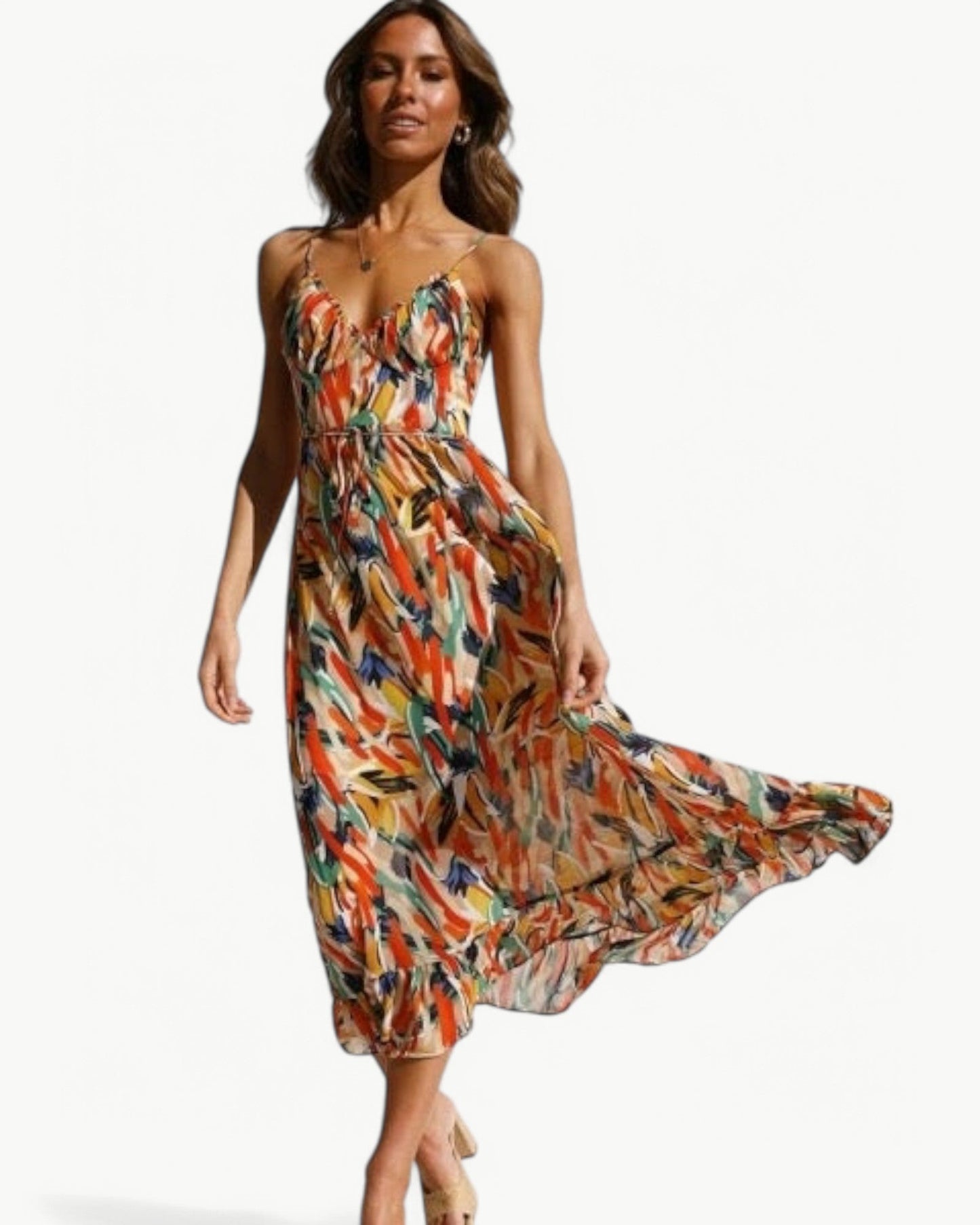 SIENNA – Sukienka midi w wzory z wąskimi ramiączkami – Kobieca i letnia