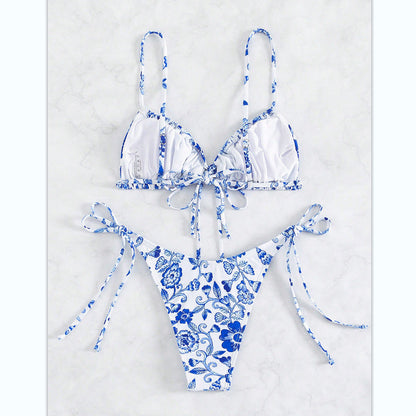 ÉLISE – Kwiatowy bikini zestaw w stylu vintage | Biały & niebieski