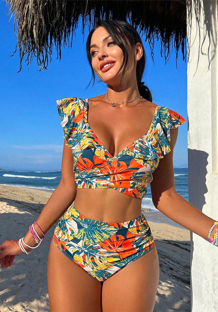 MAËLLE – Zestaw bikini z kopertowym topem i wysokim stanem | Wzór liściasty i wysmuklający design