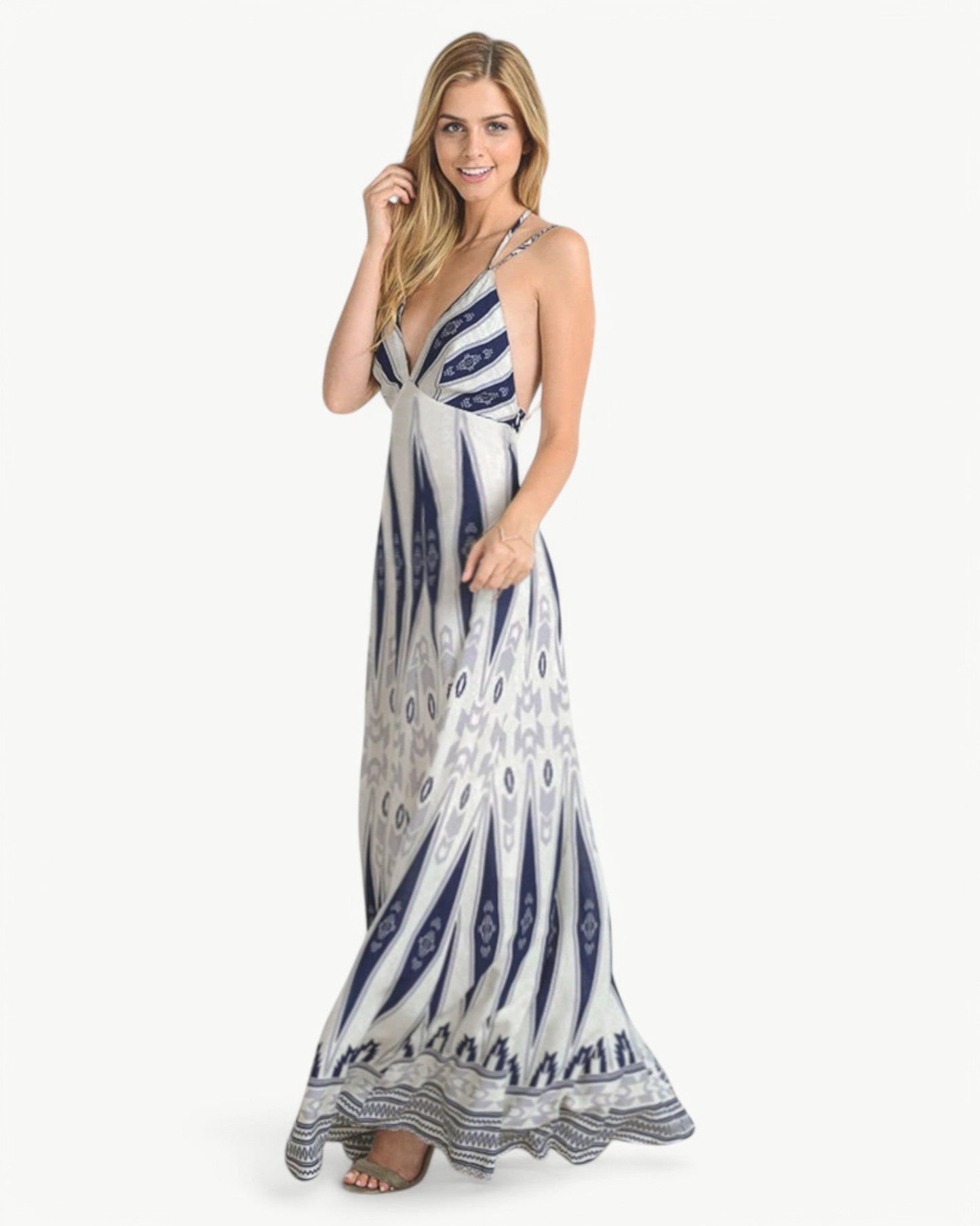 MATHILDE – Sukienka maxi z dekoltem w serek, odkryty plecy i wzór | Lekka i letnia