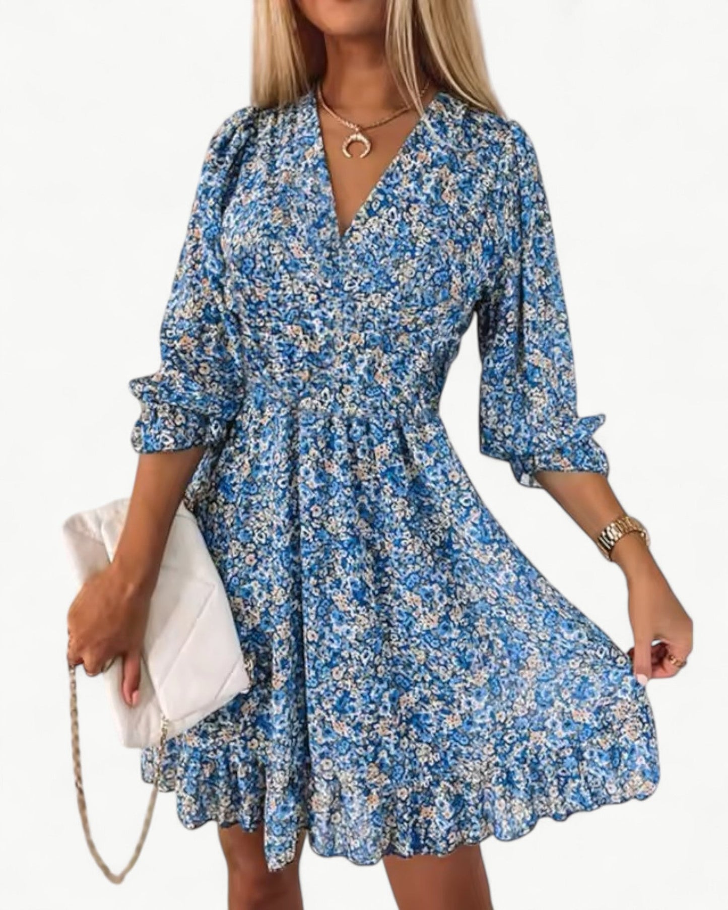 LÉONIE – Kwiatowa sukienka z marszczeniem i falbanką