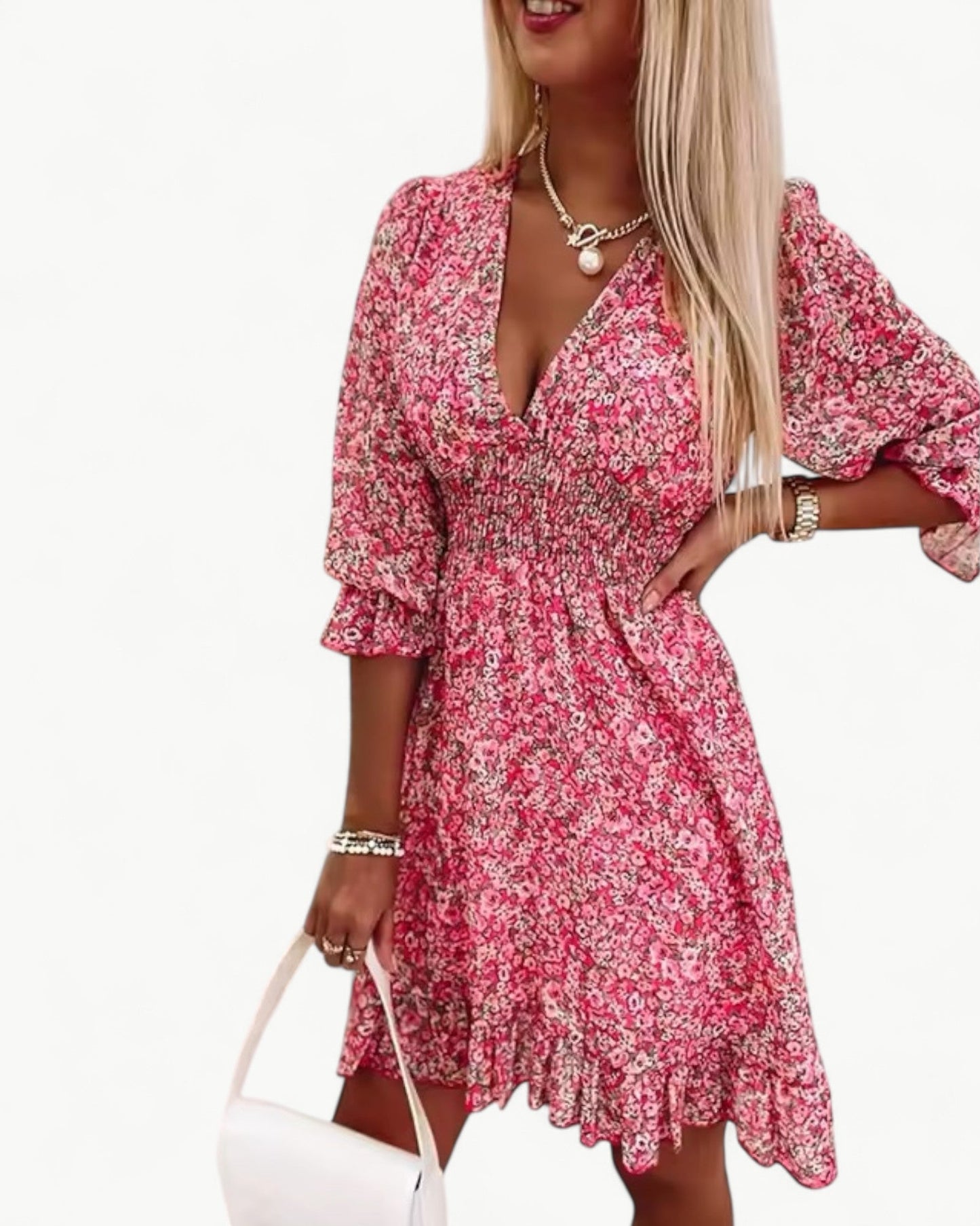 LÉONIE – Kwiatowa sukienka z marszczeniem i falbanką