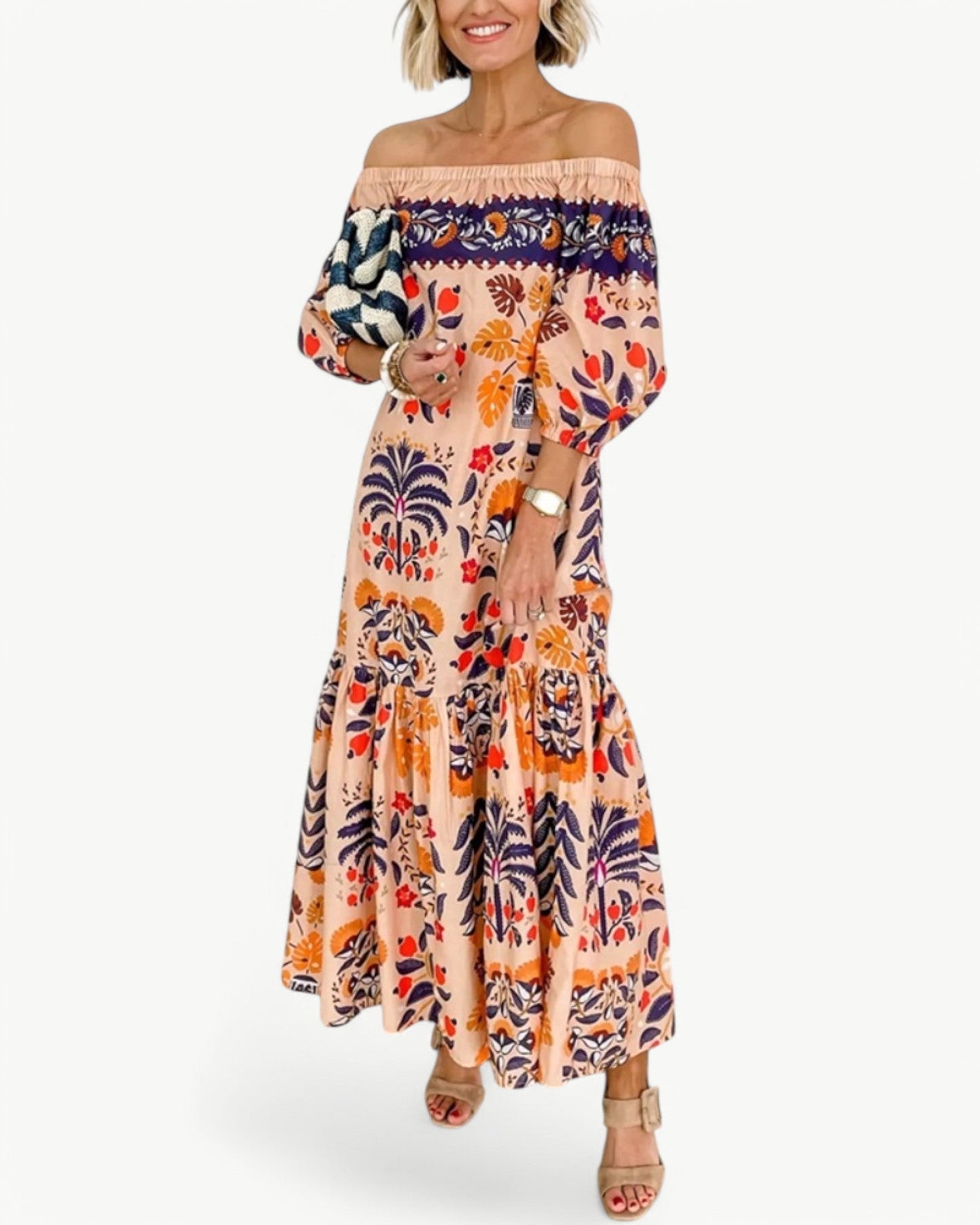 ZÉLIE – Długa sukienka off shoulder z kieszeniami | Kwiatowa i letnia