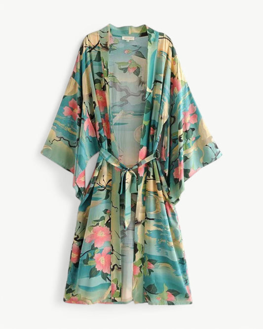 MARGAUX – Midi-długość kimono z żurawiami | Lekki i stylowy
