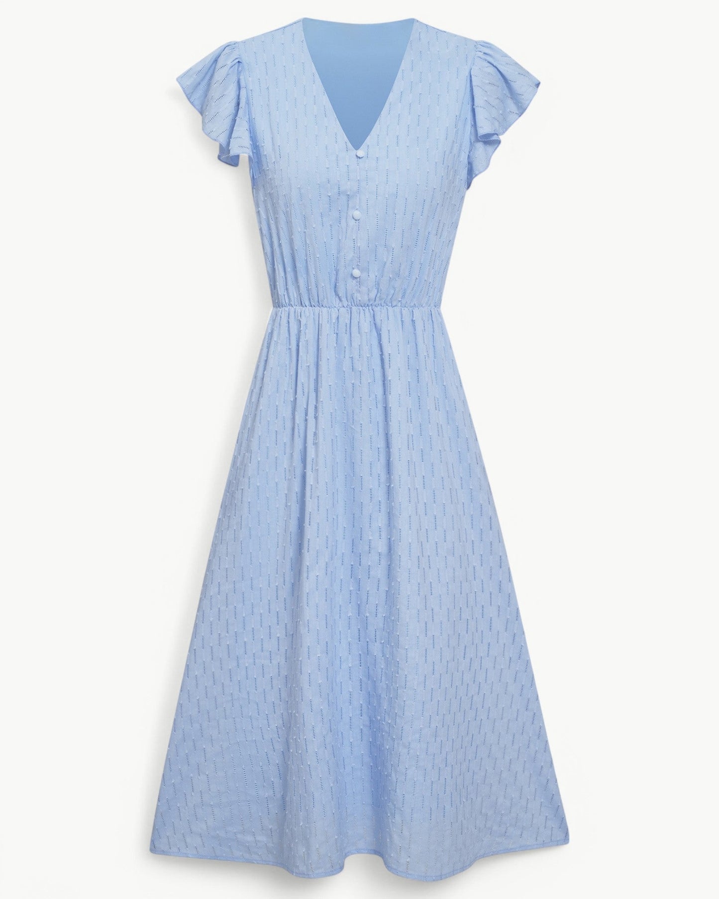 LARA – Sukienka midi z dekoltem w kształcie litery V i falbanami – Lekka i elegancka ulubienica