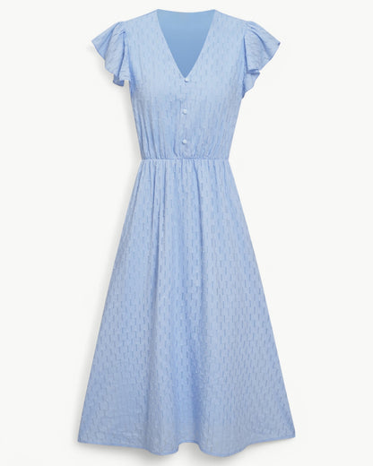 LARA – Sukienka midi z dekoltem w kształcie litery V i falbanami – Lekka i elegancka ulubienica