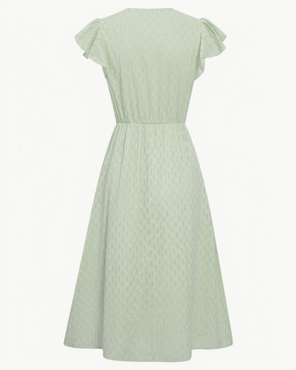 LARA – Sukienka midi z dekoltem w kształcie litery V i falbanami – Lekka i elegancka ulubienica